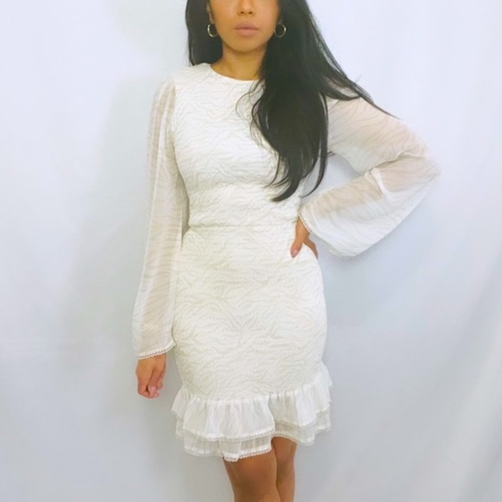 Lost + Wander | Cream Brown Smocked Zebra Print Long Sleeve Ruffle Mini Dress